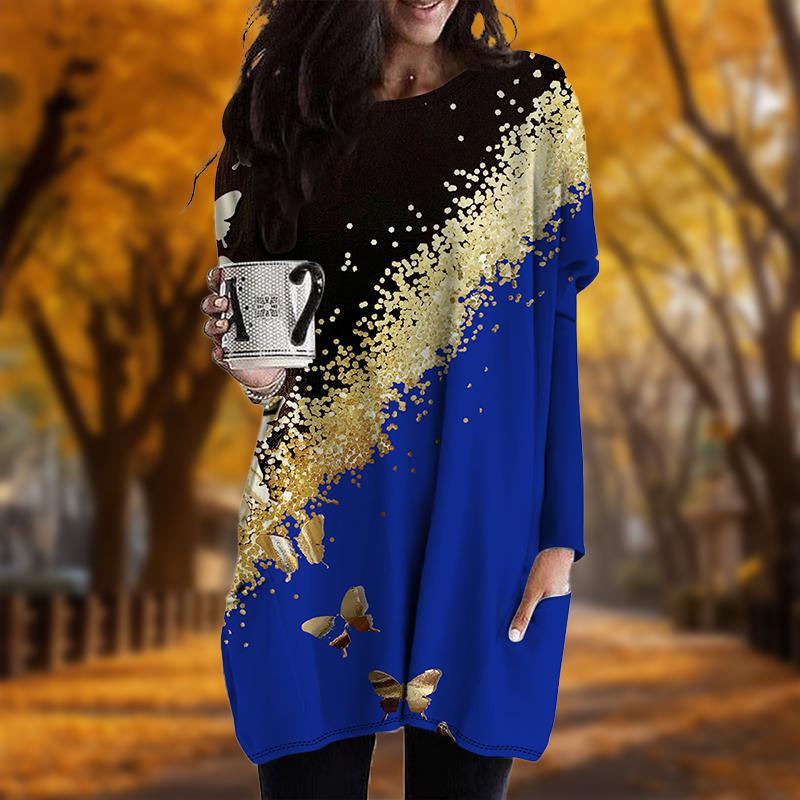 Новинка осени с красочным принтом бабочек и большими размерами платье для женщин с круглым вырезом и длинными рукавами повседневные платья с карманами