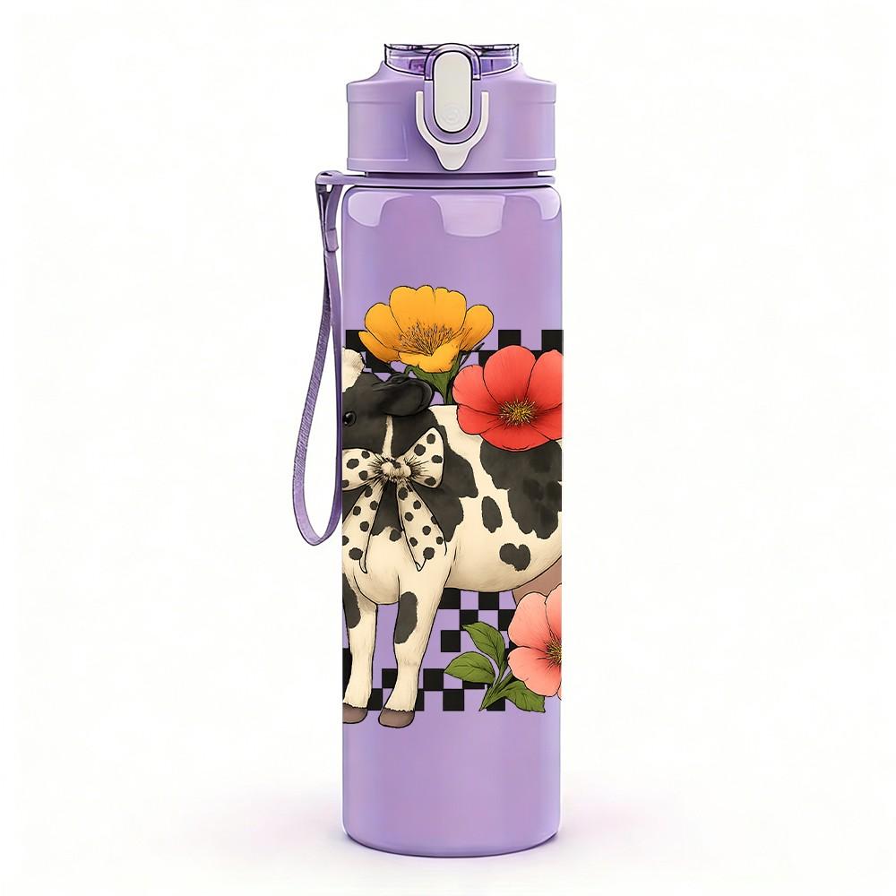 1PC Grid Floral Dog Portrait 750ml Color Plastic Sports Water Bottle Leakproof Flip Straw Lid Suitable for Sports Office Home Use