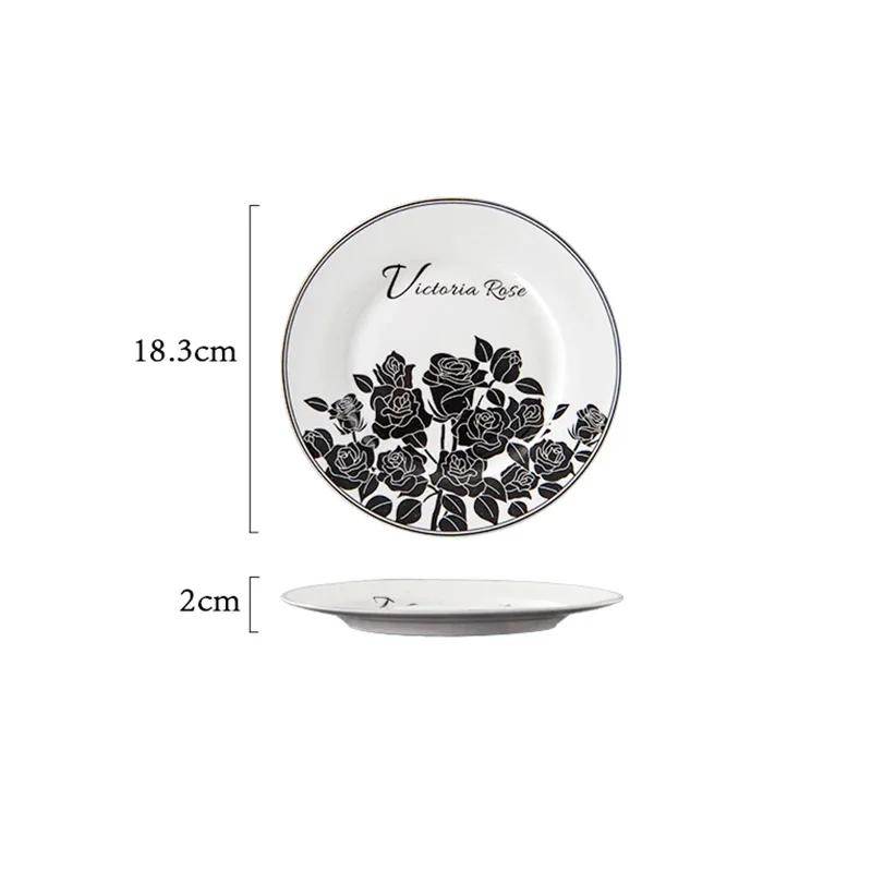 Retro Black Flowers Ceramic Plate High End Restaurant Steak Plate Home Delicious Dishes Salad Dining Plates Exquisite Tableware