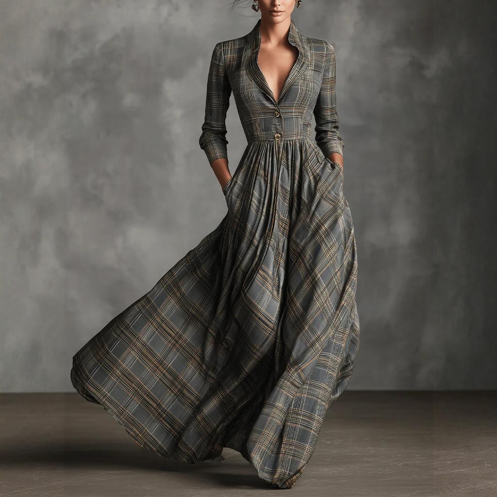 Женское клетчатое платье-рубашка с V-образным вырезом, на пуговицах, с разрезом, асимметричным подолом и карманами