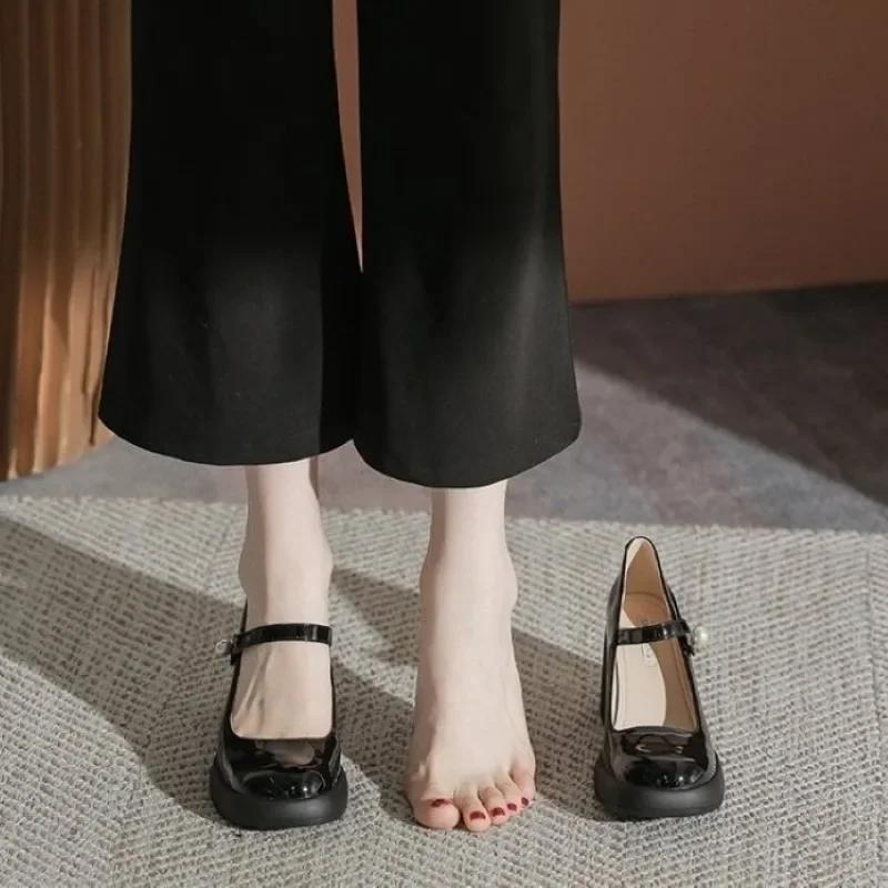 Модные Элегантные Женские Туфли на Каблуке 2025 Новые Мэри Джейн Женские Туфли на Высоком Каблуке Модные Платье Лодочки Женские Туфли с Круглым Носком на Низком Толстом Каблуке