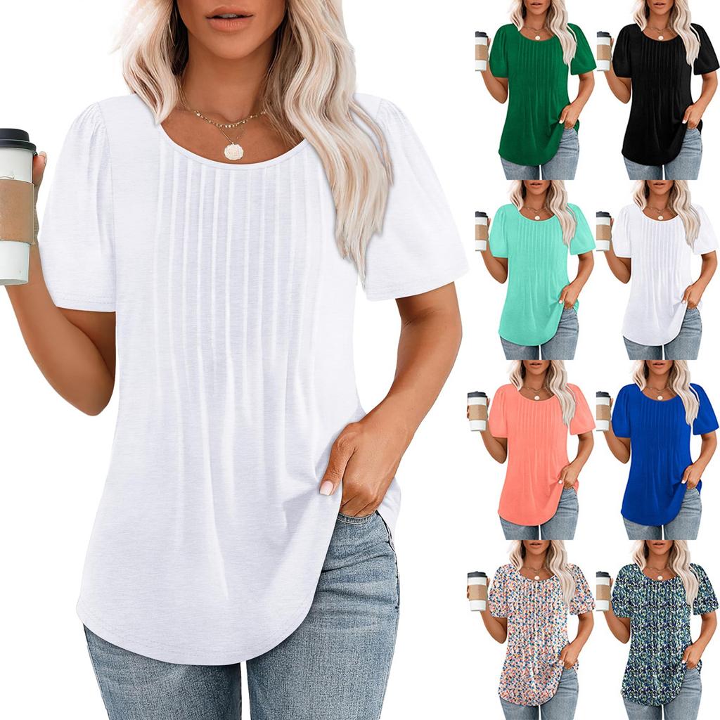 Women Soild  Crew-Neck Cute Tee Short Sleeve Pleated Dressy Casual Scooped Neck  T Shirt Tops