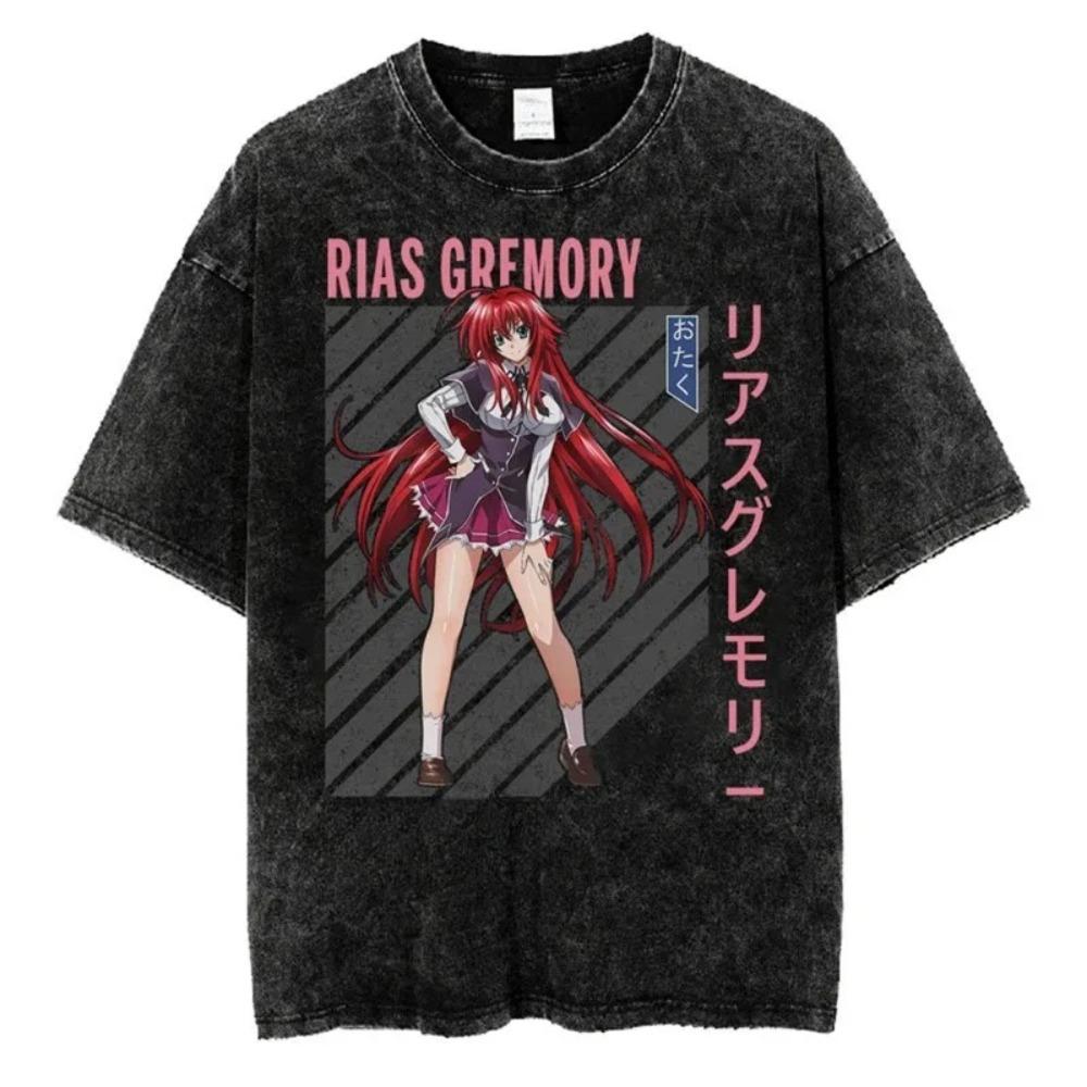 High School DxD Риас Гремори Винтажная Аниме Футболка, Унисекс Отаку Уличная Одежда Футболка, Стиранный Хлопок Повседневный Топ с Коротким Рукавом