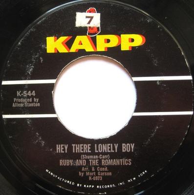 7-дюймовая пластинка RUBY & THE ROMANTICS - Hey There Lonely Boy / Not A Moment 544 Kapp Records 1963 US Поп Б/У