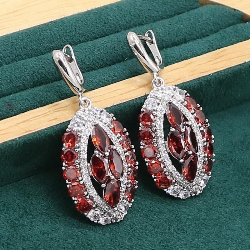 Красный гранат серебряный цвет комплект ювелирных изделий для женщин свадебный браслет серьги ожерелье кулон кольцо подарок на день рождения