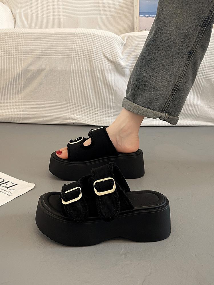 Женская обувь из импортного денима, туфли на платформе из парусины, женщины носят новые универсальные повседневные туфли на высоком каблуке с открытым носком весной и летом