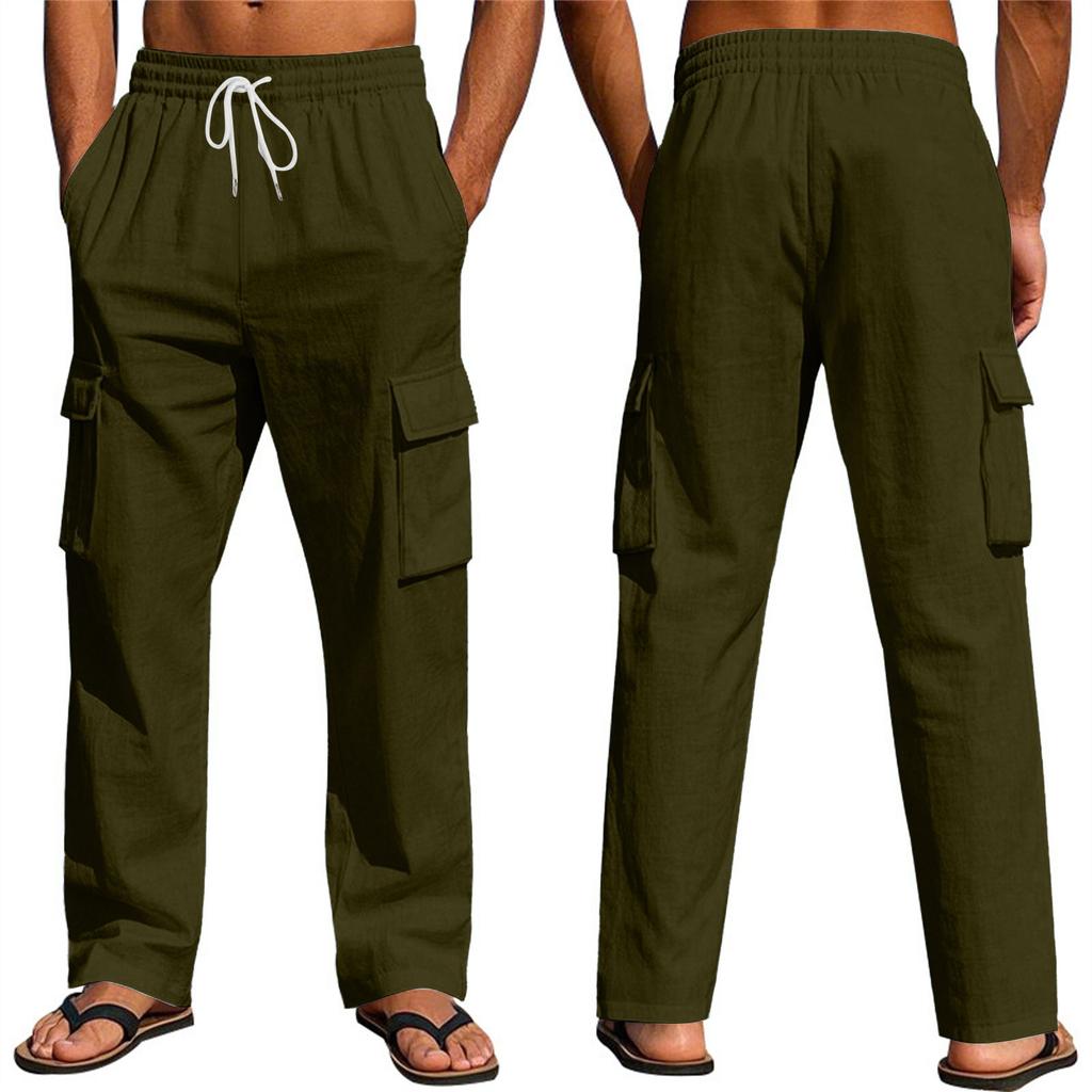 Мужские льняные брюки Four Seasons Thin Breathable Cargo Multi-pocket Loose Casual Wide Leg