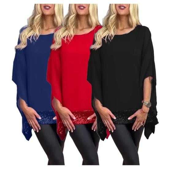 Женские топы с пайетками и нерегулярным дизайном, свободные шаль-пуловеры, топы с круглым вырезом и рукавами «летучая мышь»