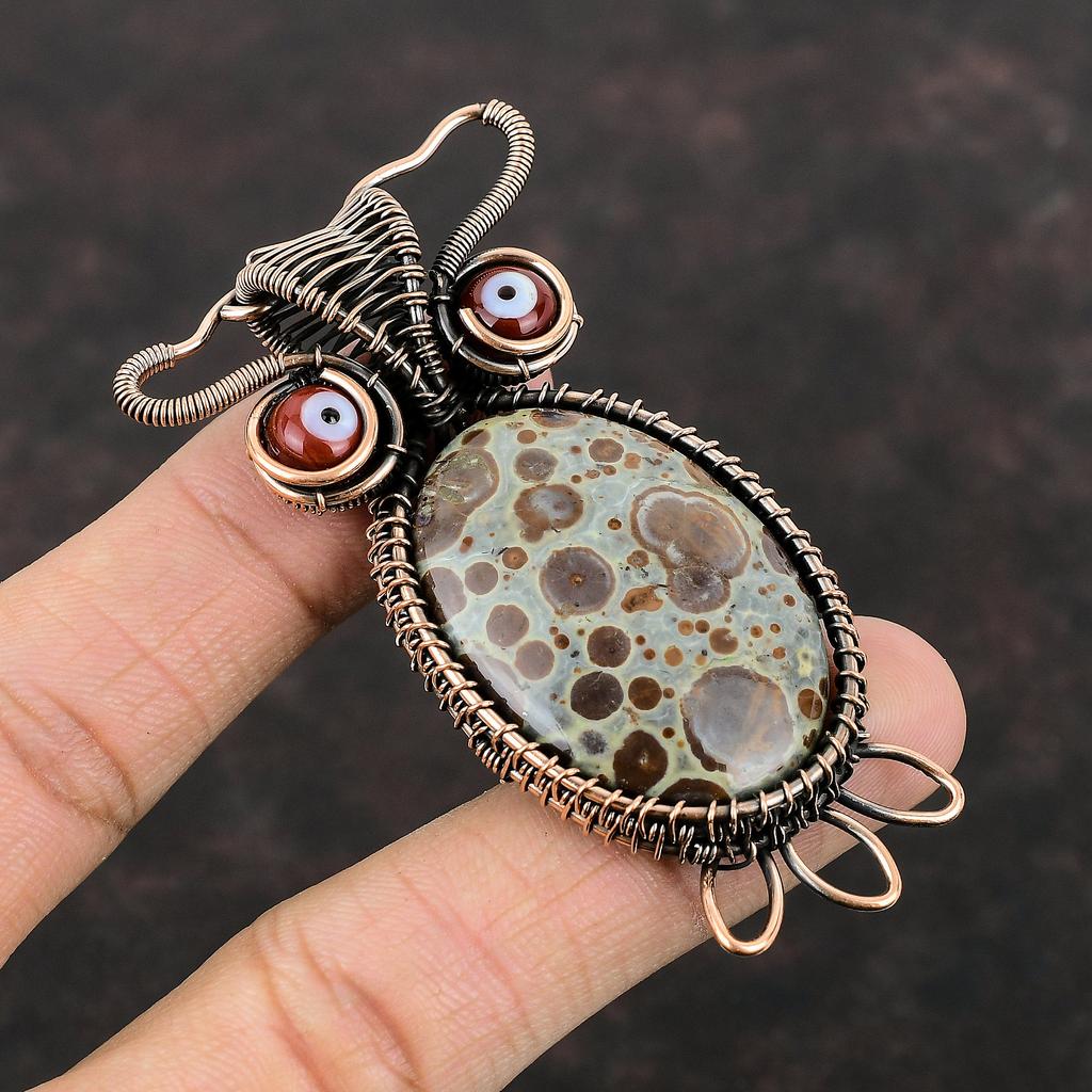 Asteroid Jasper Pendant Red Color Evil Eye Pendant Copper Wire Wrapped Pendants Unique Owl Jewelry Handmade Pendant Gemstone Copper Jewelry