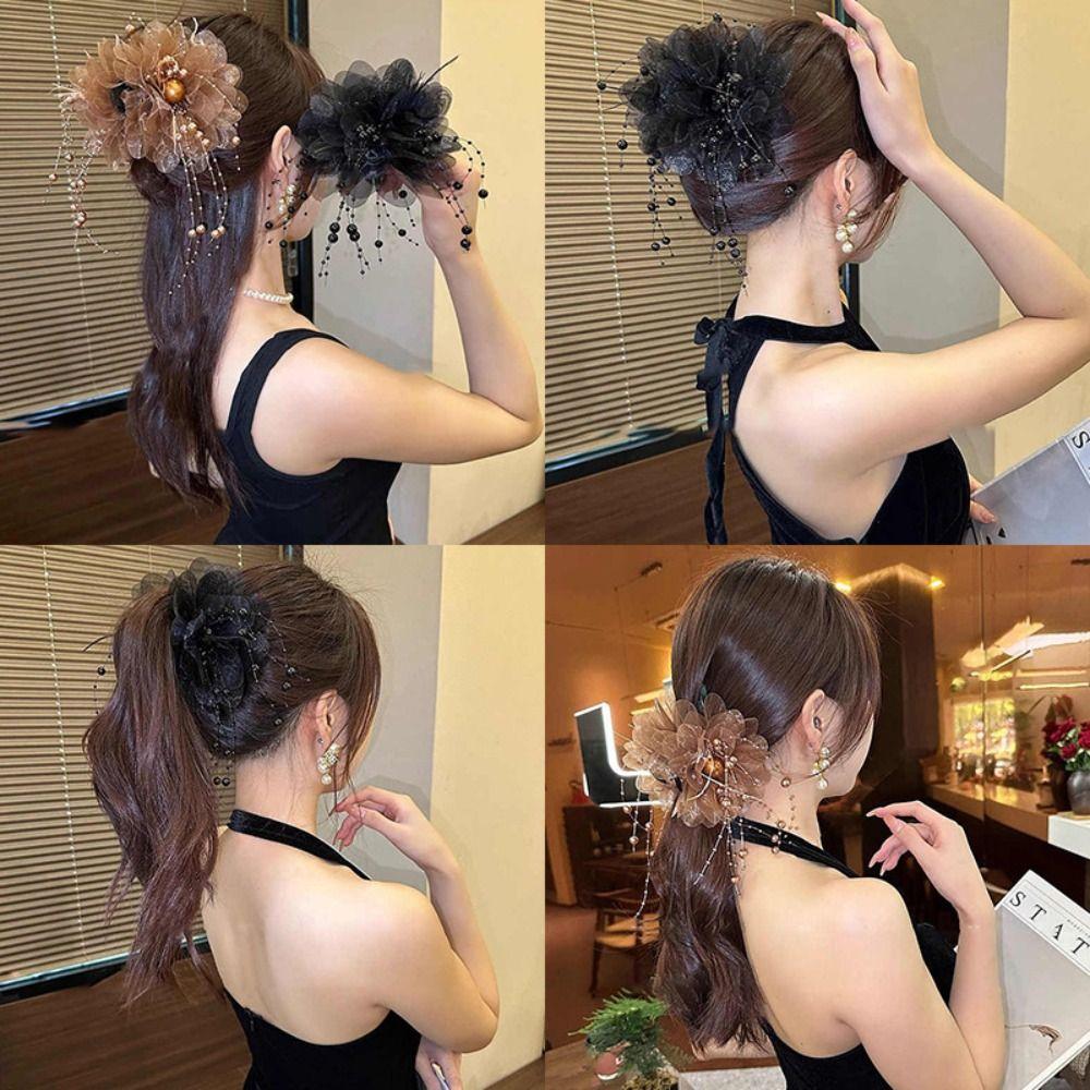 Peony Flower Grasping Clip Tassel Shark Clip Fashion Bow Hairgrips Women