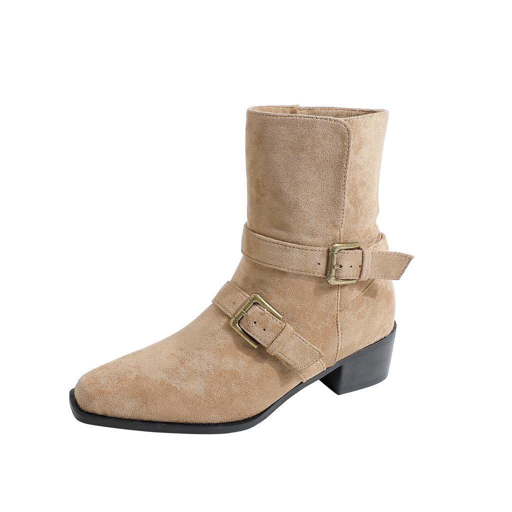 Новые складные ботильоны на толстом каблуке с квадратным носком и пряжкой-ремнем, женские короткие ботинки в западном стиле, ретро тонкие ботинки женские