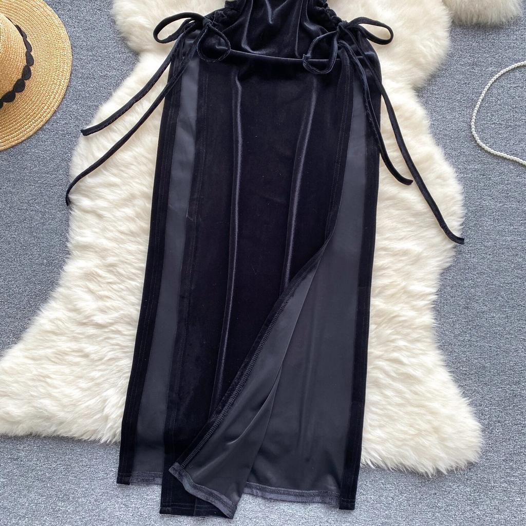 2024 Холтер Сексуальное бархатное цельное платье Женское V-образным вырезом с открытой спиной на шнуровке Slim Fit Платья Женская мода Сплит Длинное элегантное вечернее платье