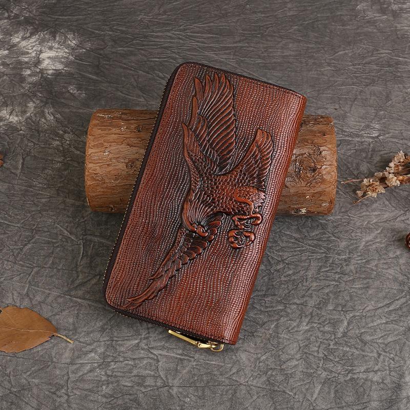 Кошелек мужской из натуральной коровьей кожи с тиснением в винтажном стиле на длинной молнии, клатч большой емкости с зажимом для денег