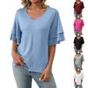 Women's Fashion Solid Color V-Neck Ruffle Sleeve Short Sleeve T-Shirt Top