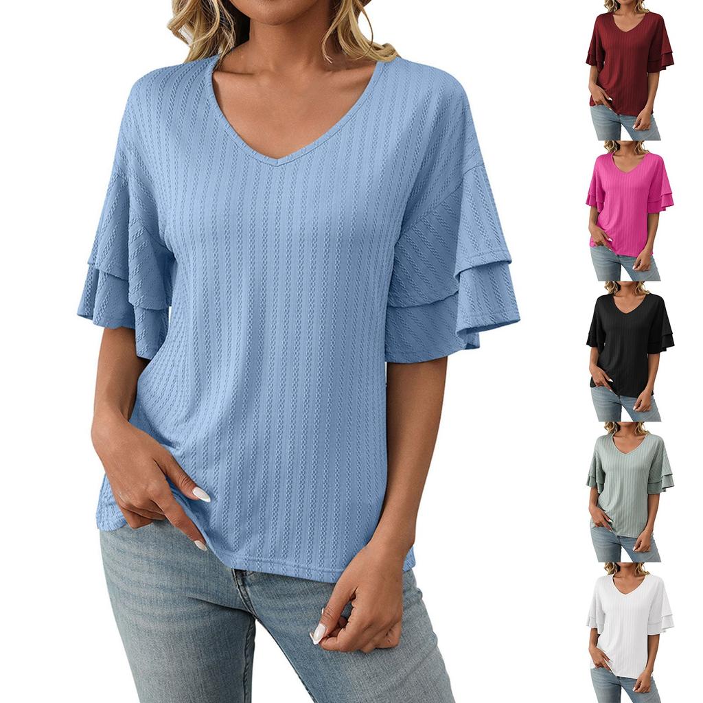 Women's Fashion Solid Color V-Neck Ruffle Sleeve Short Sleeve T-Shirt Top