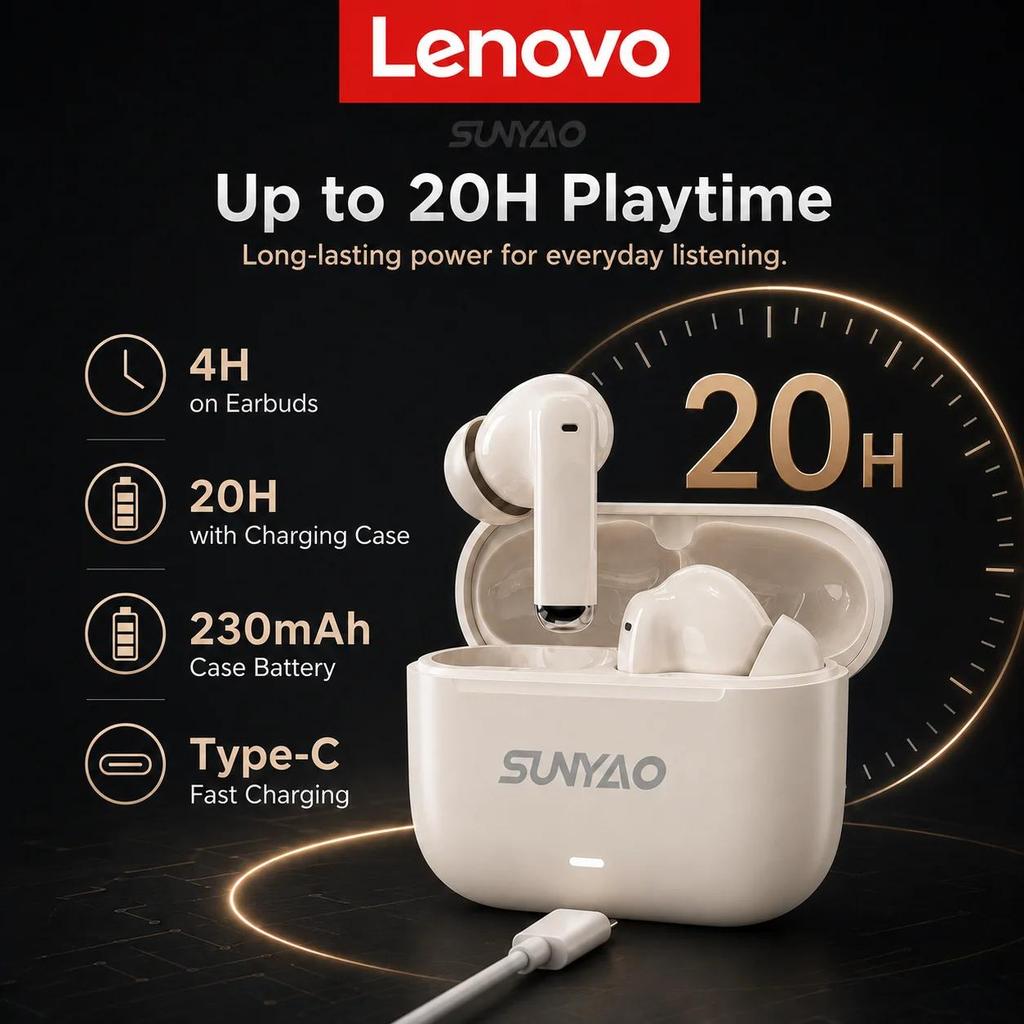 Lenovo LE265 Bluetooth 6.0 TWS Earphones, Low Latency Gaming Earbuds with ENC Clear Calls, Sweatproof 20 Hours Battery HiFi Stereo Sport Headset