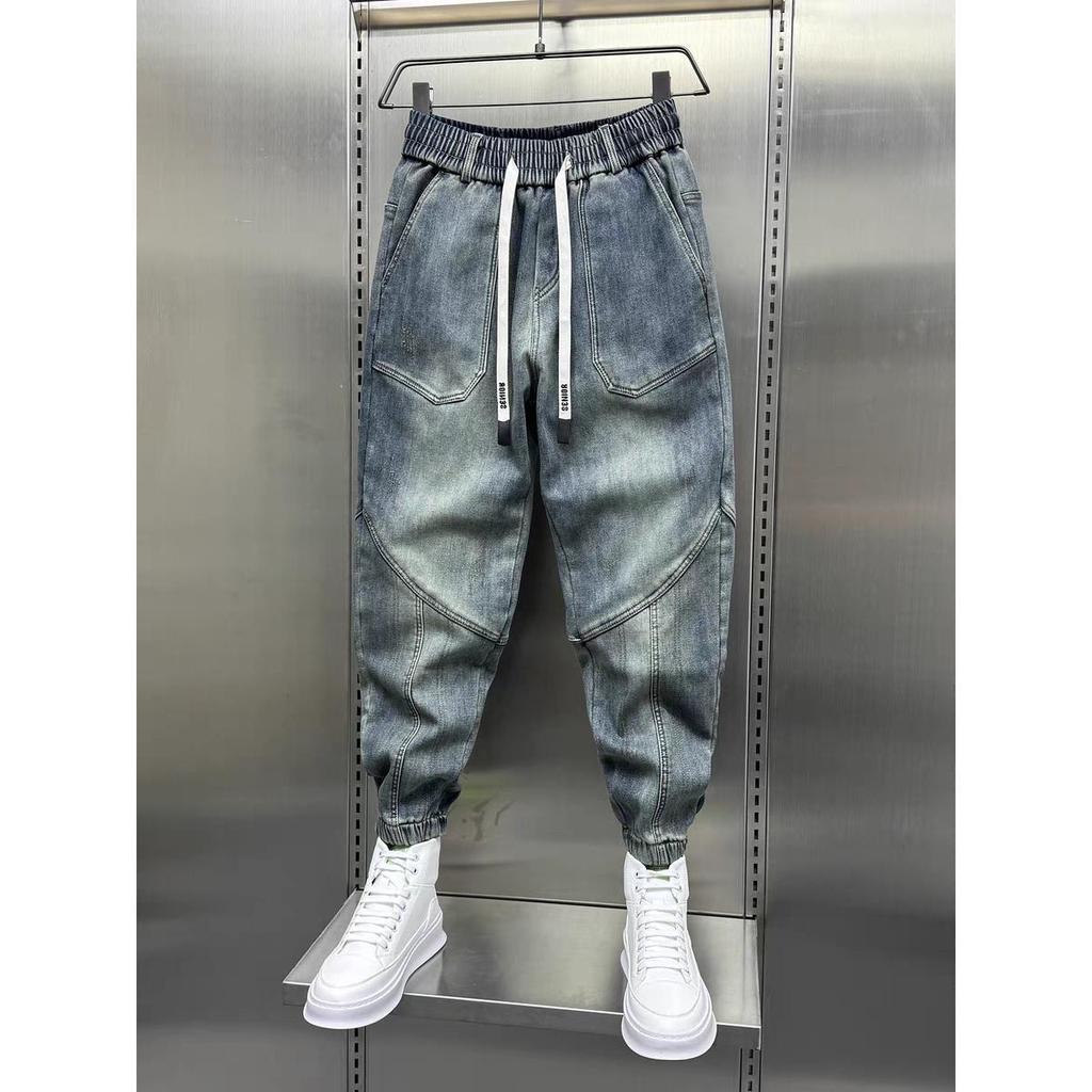 Синие джинсы из денима, свободные шаровары, эластичные манжеты на талии, повседневная одежда для весны и осени, роскошная мужская корейская мужская мода