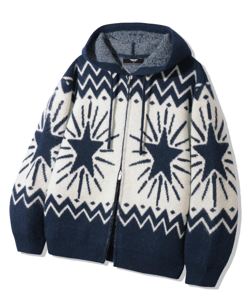 TRILLION Washable Wool Star Nordic Hooded Zip-Up Knit_Navy