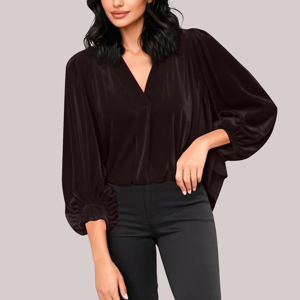 Женские бархатные топы с V-образным вырезом и рукавами-фонариками 3/4, модные нарядные повседневные свободные рубашки для рождественской вечеринки и праздника