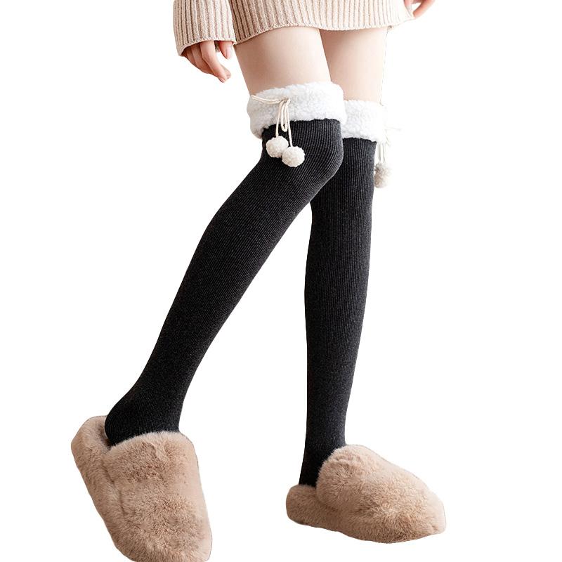 Winter Lamb's Wool Warm Knee-length Socks Padded White Fur Ball Stockings Women's Bottoming Socks JK Knee Socks