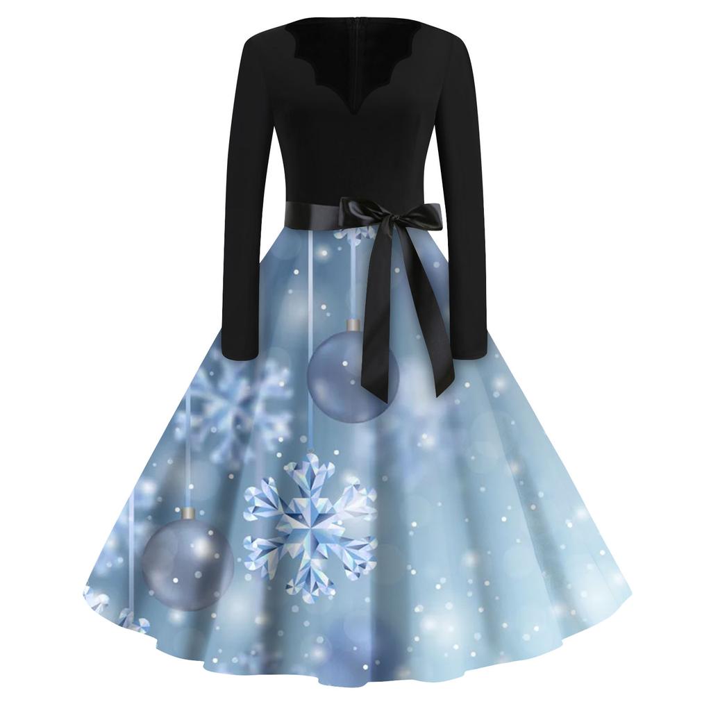 Women's Fashion V-Neck Casual Slim Christmas Printed Long Sleeve Dresses