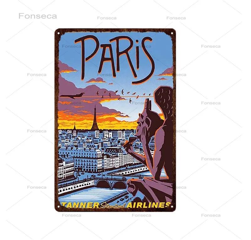 Paris Roma City Metal Sign Vintage Metal Plaque Travel Plates Decor For Bar Home Wall Decor Tin Sign Landscape Poster