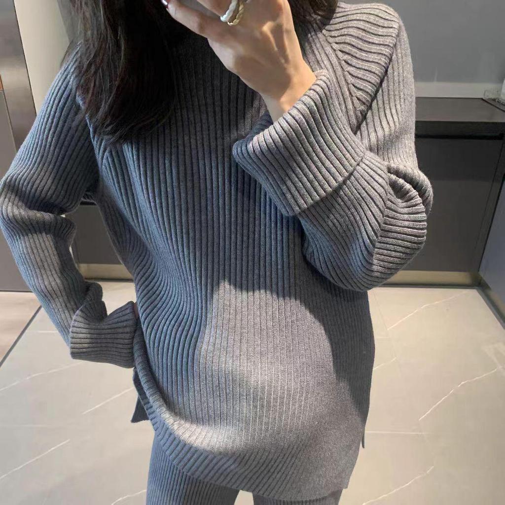 Корейский ретро теплый свитер и вязаные брюки широкого покроя, комплект из двух предметов, осень/зима 2025