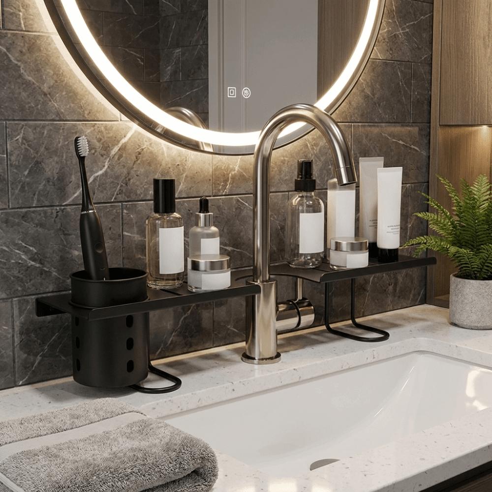 Carbon Steel Faucet Storage Shelf Hollow Out Kitchen Sink Shelf Bathroom Storage Rack  for Kitchen