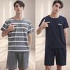 Men Pajama Set Cotton Fabrics Striped Short Sleeve Shorts Student Pullover Blue Nightwear 2 Piece Set Youth Simple Sleepwear