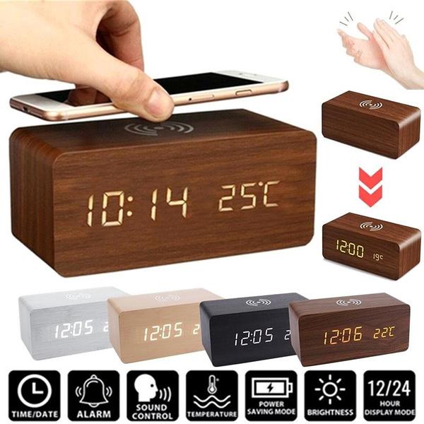 2025 Sound Control LED Digital Alarm Clock Wooden Design Thermometer Qi Wireless Charging Pad Desk Clock