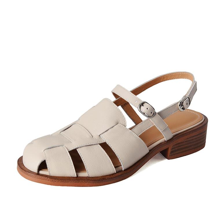 Мода 2025 Летние сандалии Кожа Круглый носок Женские сандалии Массивный каблук Женская обувь Закрытый носок Обувь для женщин С перфорацией Римские сандалии