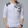 Men's Long Sleeve T-shirt Men Spring Autumn Buttons V Neck Fashion Cotton Floral Printing T-shirt Men Slim White Black Red Cultural Shirt
