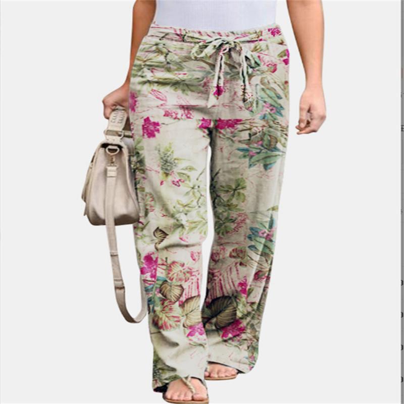 Повседневные удобные женские длинные широкие брюки из хлопка и льна с принтом и эластичной резинкой на талии