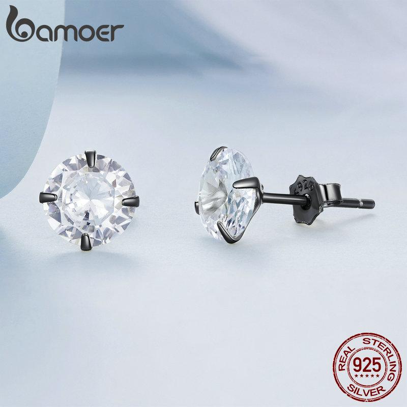 BAMOER CZ Stud Earrings 925 Sterling Silver Platinum Plated Round Cubic Zirconia Hypoallergenic Earrings 4mm 5mm 6mm 7mm