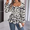 Женские футболки с длинным рукавом и квадратным вырезом, леопардовая футболка, женская футболка, уличные шифоновые блузки, топ