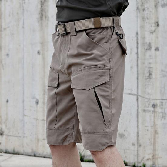 Мужские летние шорты-карго с эластичной резинкой на талии, пуговицами и карманами на молнии, повседневные шорты, прямые широкие износостойкие короткие брюки