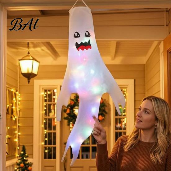 Festival Party Supplies 47 Inch Halloween Hanging Ghost Windsock with LED Lights, Luminous Flying Ghosts Knitted Fabric Flag Wind Socks for