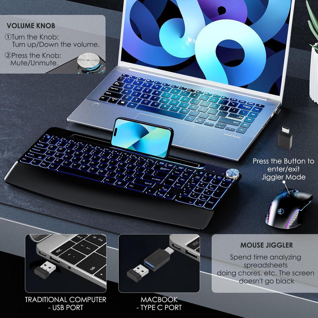 Беспроводной эргономичный набор клавиатуры и мыши 2.4G RGB с 7-цветной подсветкой и защитой от дрожания при бездействии