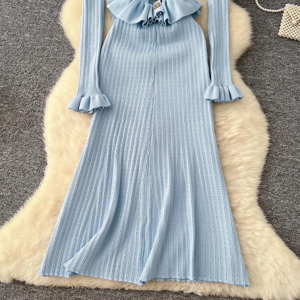 Korean Dresses Womens Outfits Long Sleeve Tunic Cropped Cardigan High Waist Bodycon Tunic  Fashion Knitted Women Dress