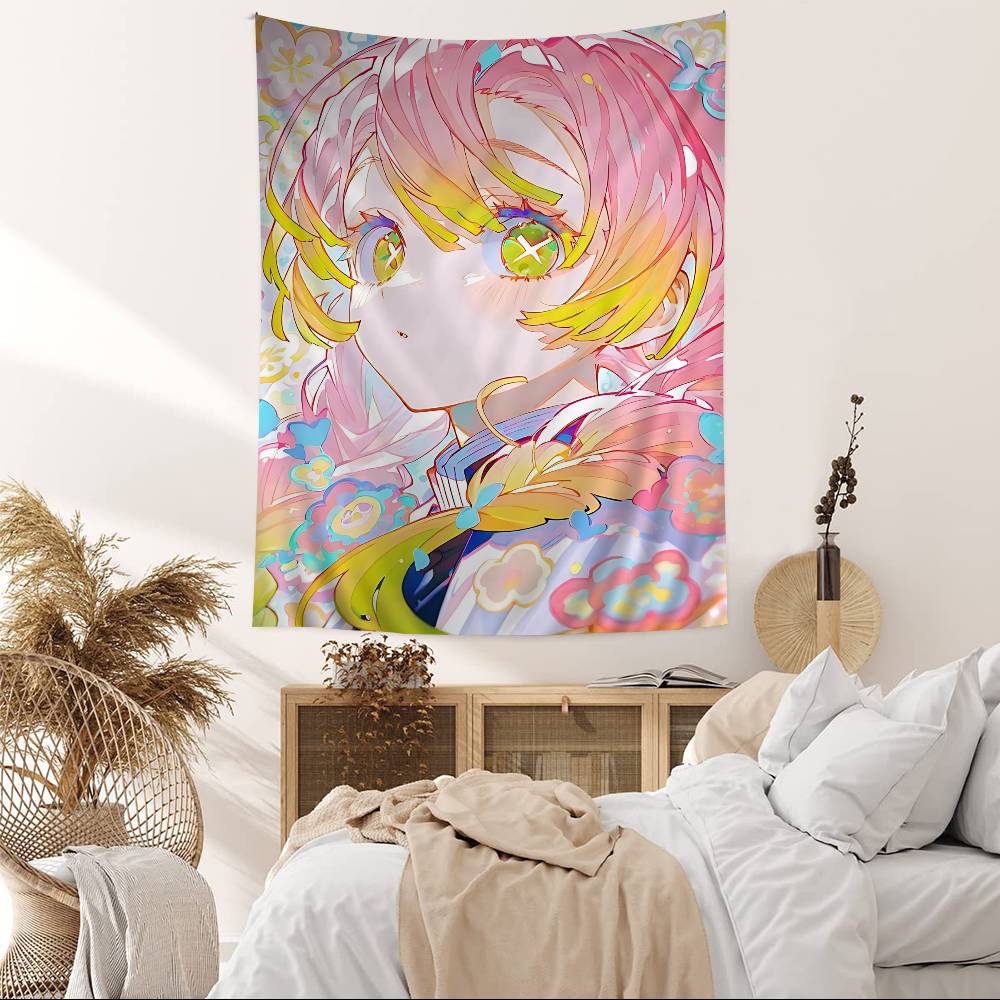 Pastel Rainbow Anime Character Wall Tapestry Dreamy Gradient Whimsical Aesthetic Cozy Room Decor for Kawaii Enthusiasts