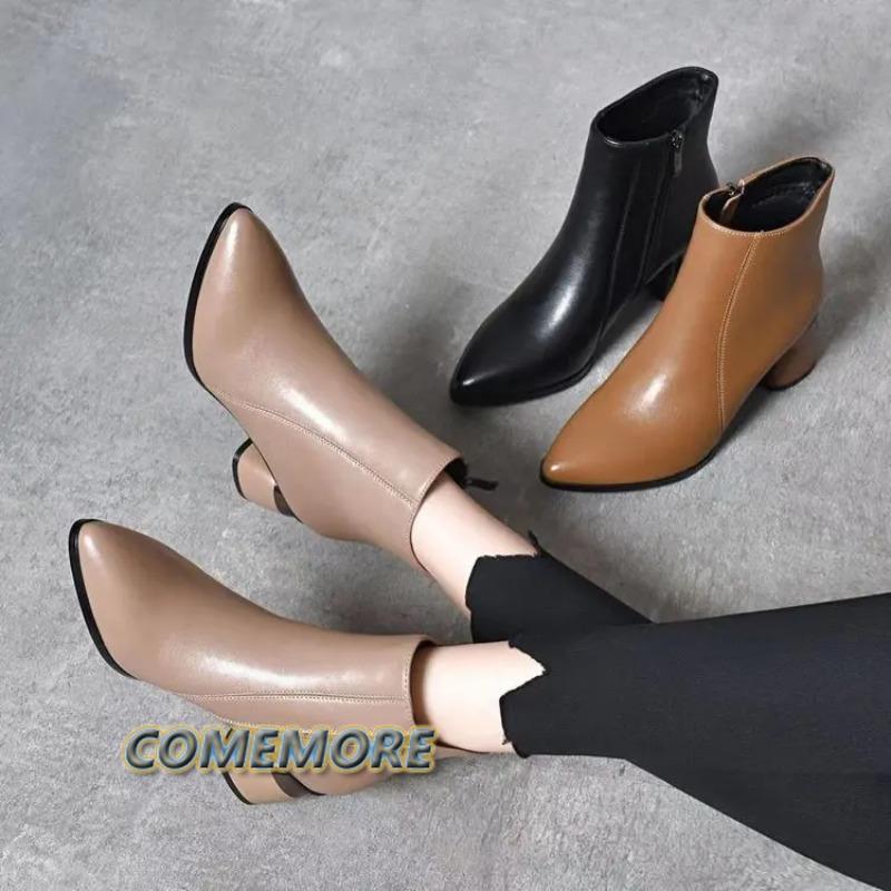 Удобная женская обувь, ботинки, женская зимняя обувь, мода 2025 года, классика, заостренный конец, кожа, искусственная кожа, женская осенняя повседневная обувь