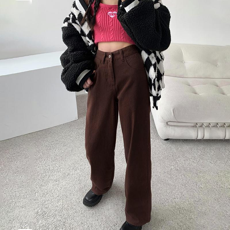 Коричневые джинсы, женские летние мешковатые прямые широкие брюки с высокой талией, женские повседневные уличные брюки Y2k, винтажные джинсовые брюки