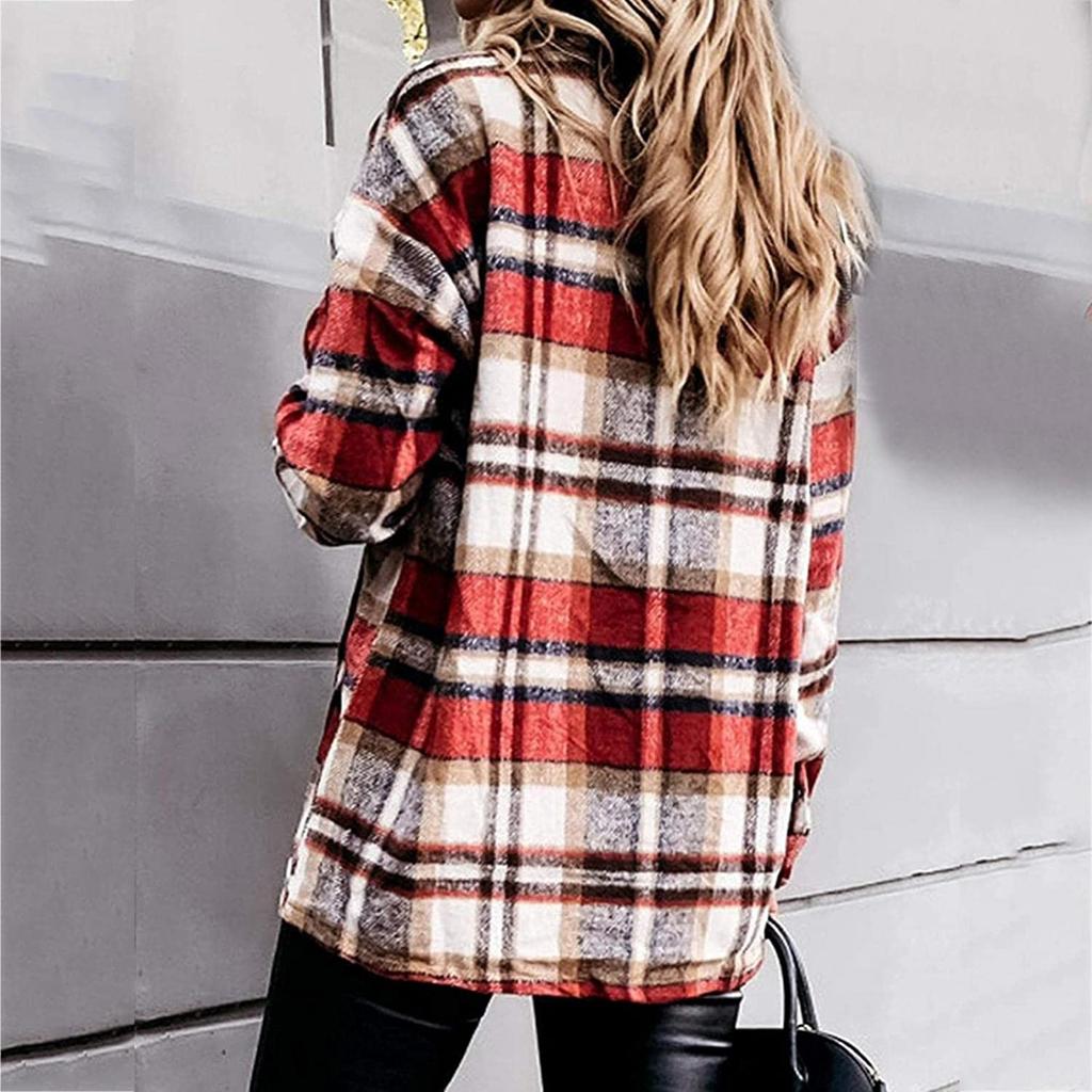 Женские клетчатые рубашки с начесом, фланелевая куртка с длинными рукавами и лацканами на пуговицах и карманами, фланелевая куртка, пальто