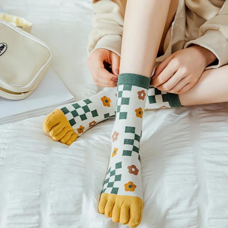2 Pairs Five Finger Women Animals Cartoon Print Japanese Cute Socks Casual Plaid Floral Vintage Female Sock
