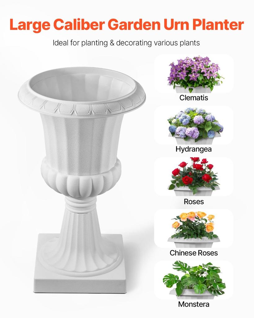 Plastic Urn Planters, 40 x 67 cm, 2 Pack White Classic Flower Pots Front Porch Planters, Indoor & Outdoor Vase for Wedding, Party, Event, Home, Stage,
