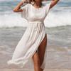 Женские летние каникулы, однотонные, с круглым вырезом и талией, с высоким разрезом, защита от солнца, сексуальные прозрачные платья-бикини, накидки