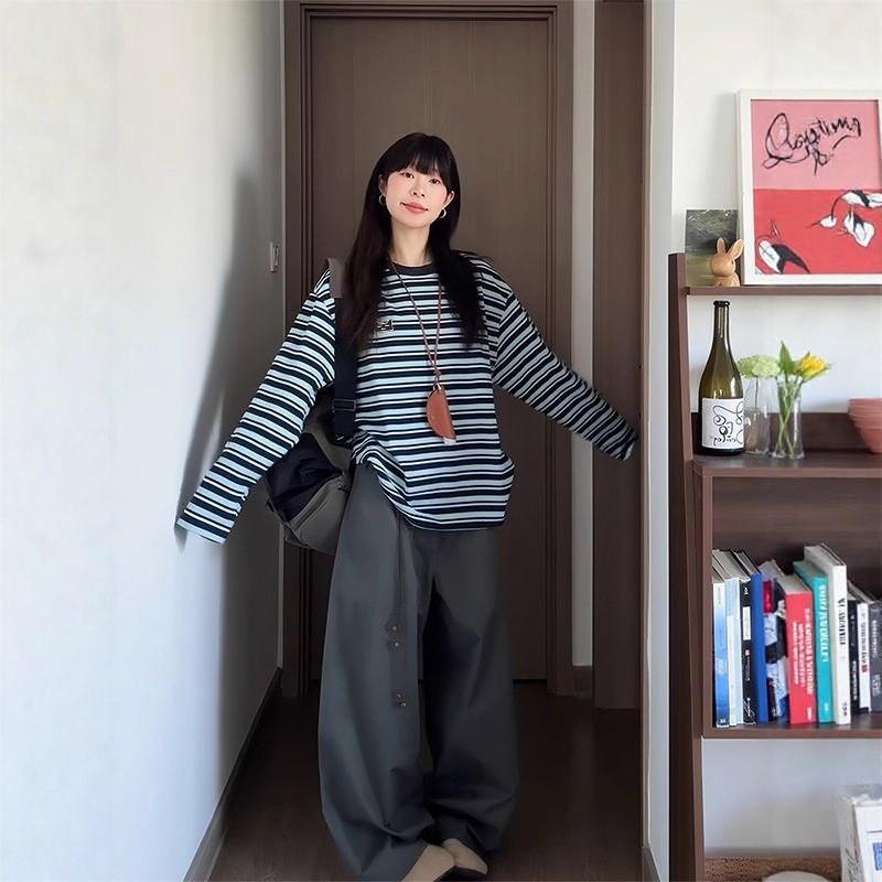 Womens Vintage Blue White Striped Long Sleeve T-Shirt Loose Fit Lazy Style Basic Top