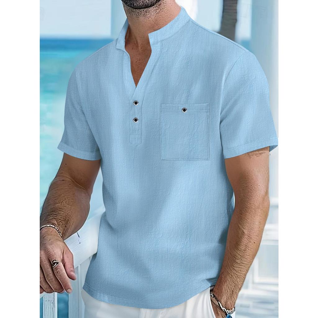 Men's Cotton and Linen Short Sleeved Stand Up Collar Half Buttoned Shirt - Spring and Summer Casual Outdoor Wear
