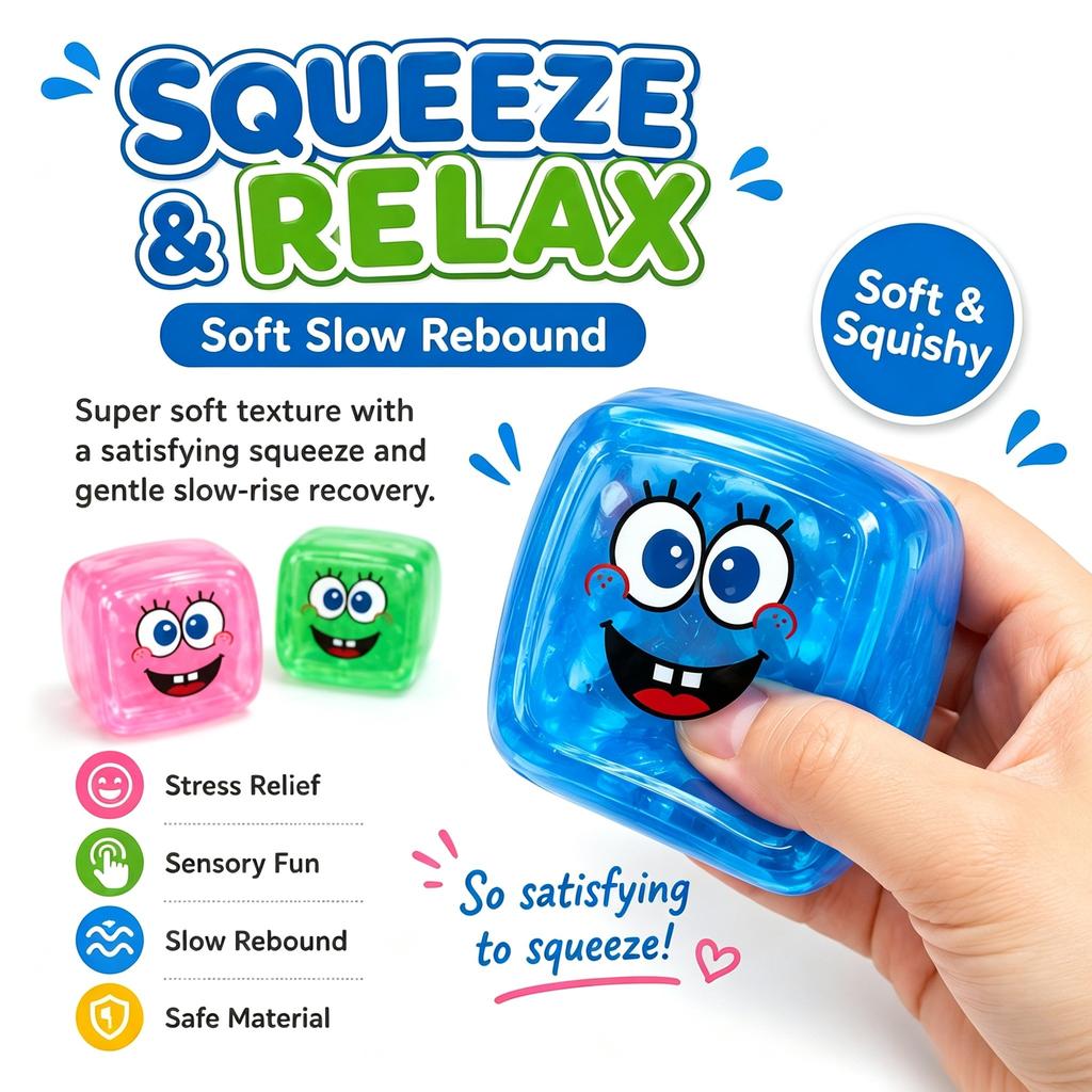 Cute Cube Squishy Toy Slow Rebound Fidget Sensory Stress Relief Toy, 4 Fun Colors Soft Squeezy Toy with Gift Box for Kids and Adults Anxiety Relief.