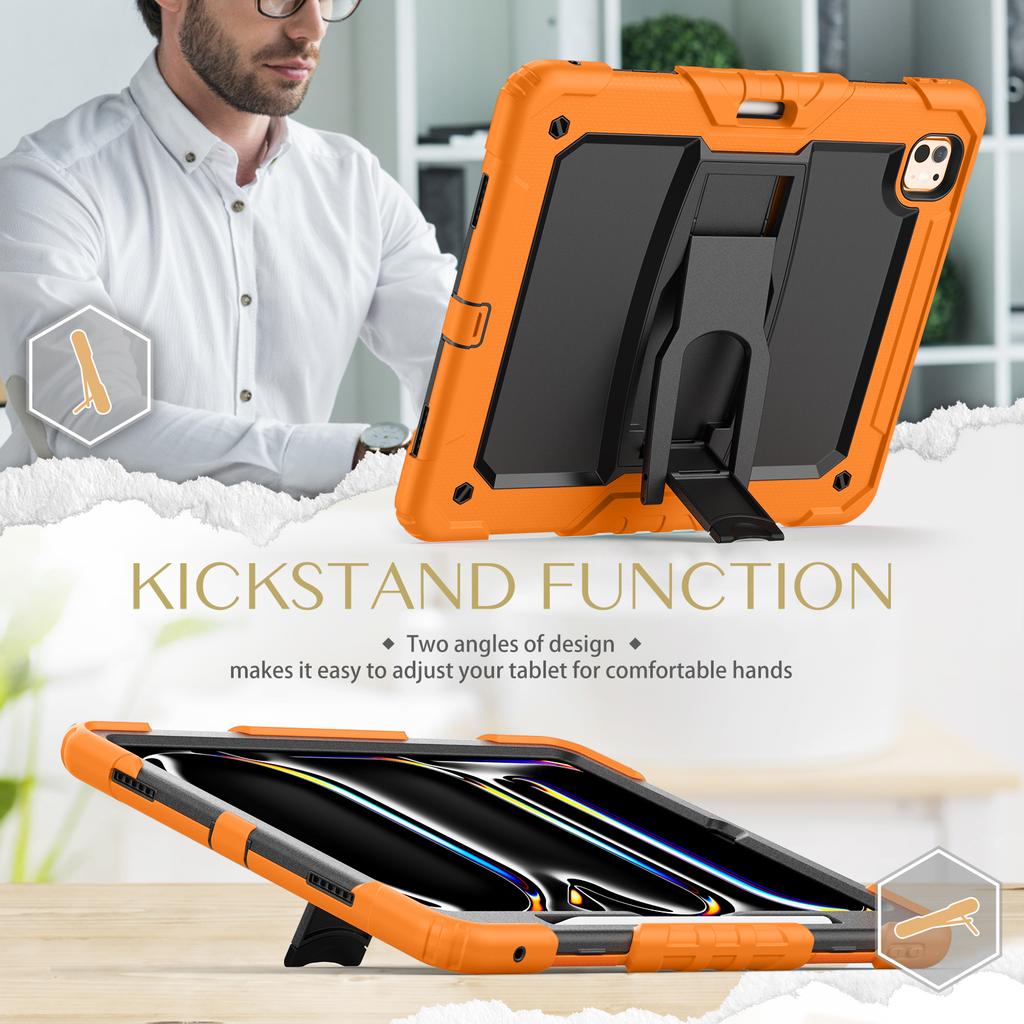 For iPad Pro 13 (2024) Kickstand Case PC+Silicone Tablet Cover with Pen Slot/Shoulder Strap